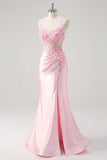 Pink Mermaid Sheer Corset 3D Flowers Ruched Beaded Prom Dress with Slit