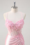 Pink Mermaid Sheer Corset 3D Flowers Ruched Beaded Prom Dress with Slit