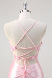 Pink Mermaid Sheer Corset 3D Flowers Ruched Beaded Prom Dress with Slit