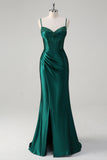 Sparkly Dark Green Mermaid Ruched Beaded Corset Long Prom Dress with Slit