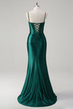 Sparkly Dark Green Mermaid Ruched Beaded Corset Long Prom Dress with Slit