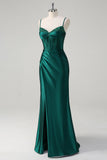 Sparkly Dark Green Mermaid Ruched Beaded Corset Long Prom Dress with Slit