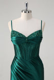 Sparkly Dark Green Mermaid Ruched Beaded Corset Long Prom Dress with Slit