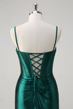 Sparkly Dark Green Mermaid Ruched Beaded Corset Long Prom Dress with Slit