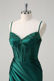 Sparkly Dark Green Mermaid Ruched Beaded Corset Long Prom Dress with Slit