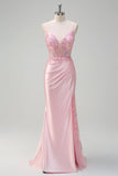 Sparkly Light Pink Mermaid Sequins Ruched Corset Prom Dress with Slit