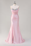 Pink Mermaid Spaghetti Straps Ruched Corset Beaded Long Prom Dress with Slit