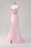 Pink Mermaid Spaghetti Straps Ruched Corset Beaded Long Prom Dress with Slit