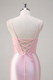 Pink Mermaid Spaghetti Straps Ruched Corset Beaded Long Prom Dress with Slit