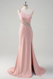 Sparkly Light Pink Mermaid One Shoulder Beaded Satin Long Prom Dress with Slit