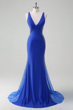 Sparkly Royal Blue Mermaid V Neck Open Back Satin Long Prom Dress with Beading