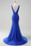 Sparkly Royal Blue Mermaid V Neck Open Back Satin Long Prom Dress with Beading