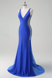 Sparkly Royal Blue Mermaid V Neck Open Back Satin Long Prom Dress with Beading