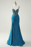 Sparkly Blue Mermaid Ruched Beaded Lace Up Back Long Prom Dress with Slit