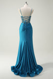 Sparkly Blue Mermaid Ruched Beaded Lace Up Back Long Prom Dress with Slit