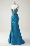 Sparkly Blue Mermaid Ruched Beaded Lace Up Back Long Prom Dress with Slit