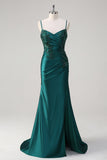 Sparkly Dark Green Mermaid Spaghetti Straps Ruched Long Prom Dress with Beading