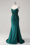 Sparkly Dark Green Mermaid Spaghetti Straps Ruched Long Prom Dress with Beading