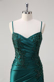 Sparkly Dark Green Mermaid Spaghetti Straps Ruched Long Prom Dress with Beading