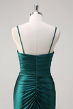 Sparkly Dark Green Mermaid Spaghetti Straps Ruched Long Prom Dress with Beading