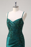 Sparkly Dark Green Mermaid Spaghetti Straps Ruched Long Prom Dress with Beading