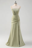 Sage Mermaid Spaghetti Straps Pleated Corset Long Bridesmaid Dress With Slit