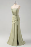 Sage Mermaid Spaghetti Straps Pleated Corset Long Bridesmaid Dress With Slit