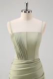 Sage Mermaid Spaghetti Straps Pleated Corset Long Bridesmaid Dress With Slit