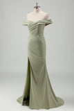 Sage Mermaid Off The Shoulder Pleated Long Bridesmaid Dress With Slit