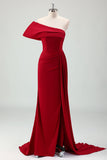 Red One Shoulder Pleated Satin Long Mermaid Prom Dress with Slit