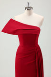 Red One Shoulder Pleated Satin Long Mermaid Prom Dress with Slit