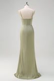 Sage Mermaid Spaghetti Straps Ruched Satin Long Bridesmaid Dress with Slit