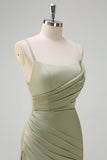 Sage Mermaid Spaghetti Straps Ruched Satin Long Bridesmaid Dress with Slit