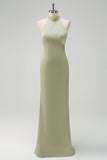 Elegant Sage Mermaid High Neck Satin Open Back Floor Length Bridesmaid Dress