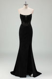 Sparkly Black Mermaid Corset Strapless Pleated Long Prom Dress with Slit