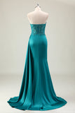 Green Mermaid Off Shoulder Corset Ruched Sequins Satin Prom Dress with Slit Split