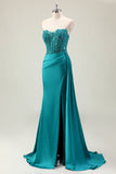 Green Mermaid Off Shoulder Corset Ruched Sequins Satin Prom Dress with Slit Split