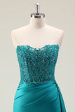 Green Mermaid Off Shoulder Corset Ruched Sequins Satin Prom Dress with Slit Split