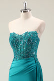 Green Mermaid Off Shoulder Corset Ruched Sequins Satin Prom Dress with Slit Split