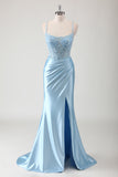 Blue Mermaid Spaghetti Straps Appliqued Long Prom Dress with Slit