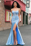 Blue Mermaid Spaghetti Straps Appliqued Long Prom Dress with Slit