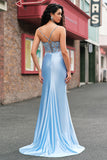 Blue Mermaid Spaghetti Straps Sheer Corset Ruched Long Prom Dress with Slit