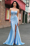 Blue Mermaid Spaghetti Straps Sheer Corset Ruched Long Prom Dress with Slit