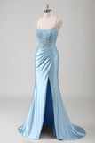 Blue Mermaid Spaghetti Straps Sheer Corset Ruched Long Prom Dress with Slit