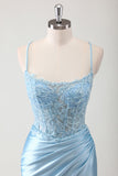 Blue Mermaid Spaghetti Straps Sheer Corset Ruched Long Prom Dress with Slit