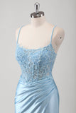 Blue Mermaid Spaghetti Straps Sheer Corset Ruched Long Prom Dress with Slit