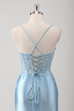 Blue Mermaid Spaghetti Straps Sheer Corset Ruched Long Prom Dress with Slit