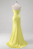 Yellow Mermaid Spaghetti Straps Corset Beaded Long Prom Dress With Slit