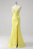 Yellow Mermaid Spaghetti Straps Corset Beaded Long Prom Dress With Slit