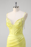 Yellow Mermaid Spaghetti Straps Corset Beaded Long Prom Dress With Slit